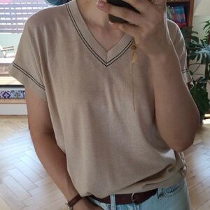 Brunello Cucinelli Beige V-Neck Top with Black Trim